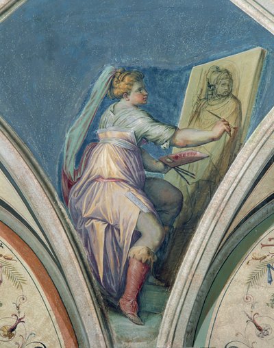 Sitzende Frau malt ein Porträt eines Mannes, möglicherweise der Künstler, aus der Camera della Fama e delle Arti, 1542 von Giorgio Vasari